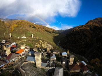 Panoramic view of buildings against cloudy sky