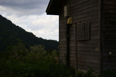 Low angle view of trees and houses against sky