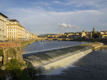 Bridge over river amidst buildings against sky