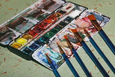 High angle view of paintbrushes on table