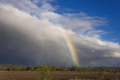 A late afternoon storm with the leading edge showing a beautiful rainbow over harvested fields.