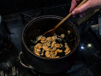 High angle view of person preparing food in kitchen