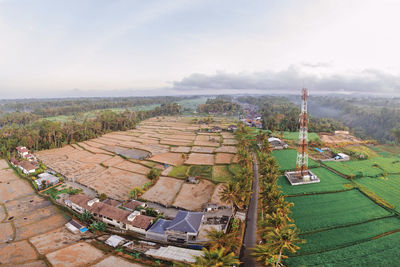 High angle view of agricultural field against sky