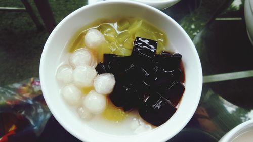 High angle view of soup in bowl