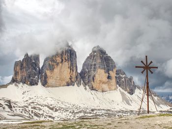 The popular tre cime di lavaredo. the most famous peaks in the italian dolomites, spring afternoon