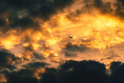 Low angle view of airplane against scenic sky