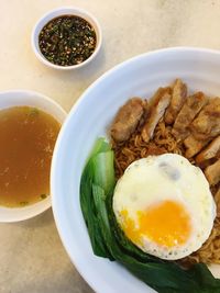 High angle view of breakfast served on table