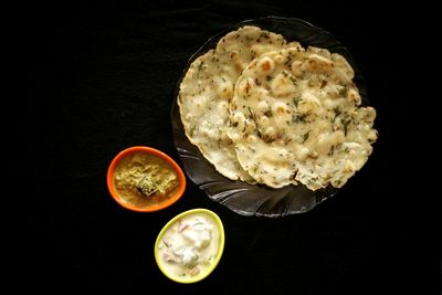 High angle view of dessert in bowl on table