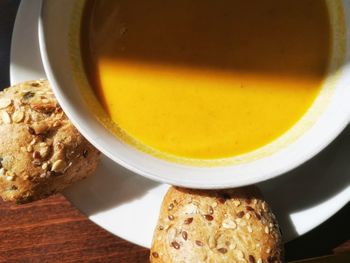 High angle view of tea in bowl on table