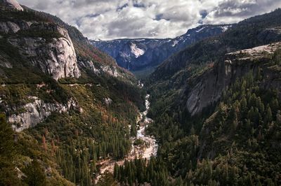 Scenic view of mountains against cloudy sky