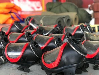 High angle view of shoes for sale at market stall