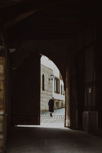 Rear view of man walking in tunnel