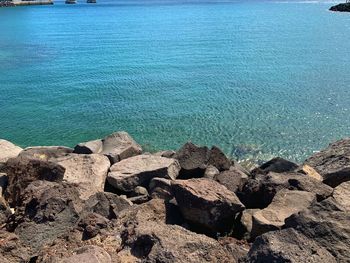 High angle view of rocks on beach