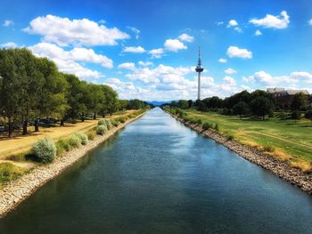 Scenic view of river amidst trees against sky