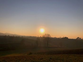Scenic view of field against clear sky during sunset