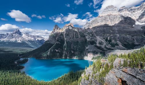 Panoramic view of lake and mountains against sky