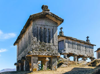 Low angle view of old building against blue sky