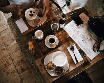 High angle view of coffee cup on table