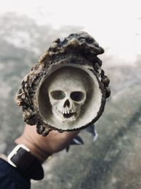 Close-up of hand holding human skull