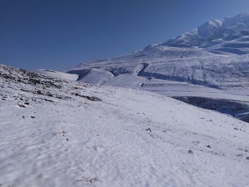 Scenic view of snowcapped mountains against clear sky