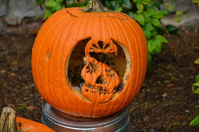 Close-up of jack o lantern on field