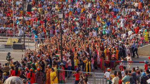 High angle view of people on street in city