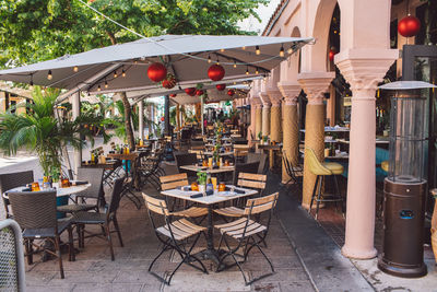 Empty chairs and tables in restaurant