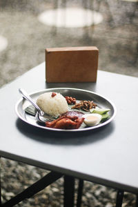 High angle view of breakfast on table