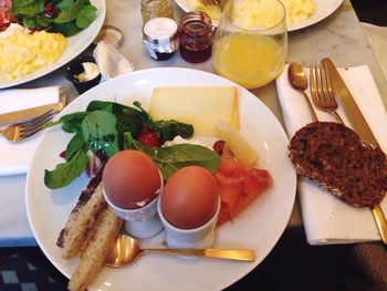 Close-up of breakfast served on table