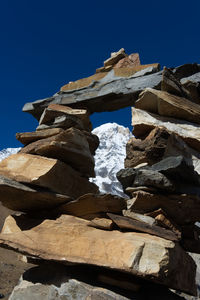 Low angle view of stack rock against sky