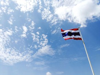 Low angle view of flag flags against sky