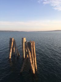 Wooden posts in sea against sky