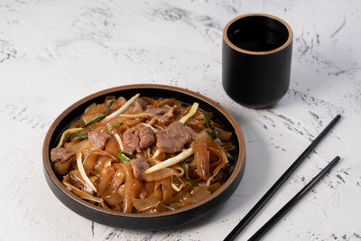 High angle view of soup in bowl on table