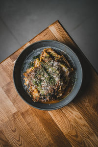 High angle view of food in bowl on table