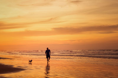 Man and dog on beach against sky during sunset