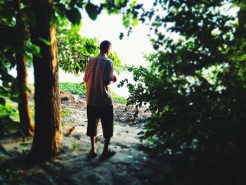 Rear view of woman standing by tree