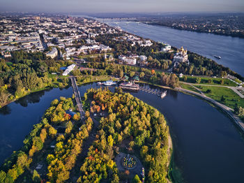 High angle view of river amidst buildings in city