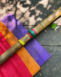 High angle view of multi colored pencils on table