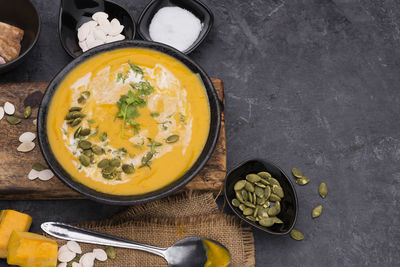 High angle view of soup in bowl