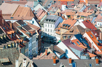 High angle view of residential buildings in city