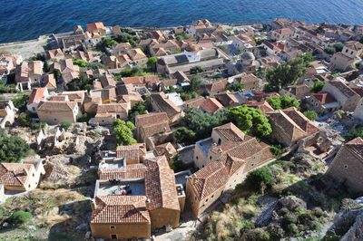 High angle view of houses on field by sea