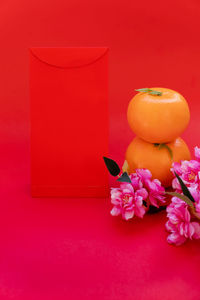 Close-up of red rose against orange background