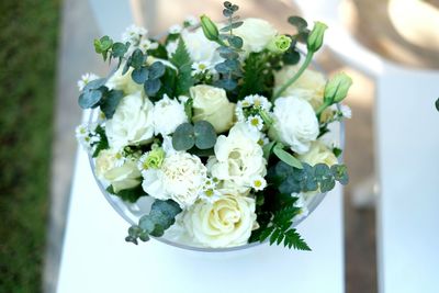 High angle view of rose bouquet on table