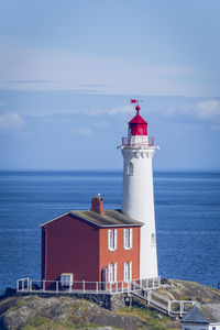 Lighthouse by sea against sky