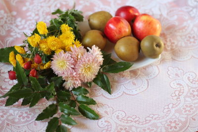 High angle view of apples on table