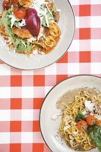 High angle view of food in plate on table