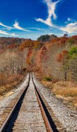 Railroad track amidst trees against sky during autumn