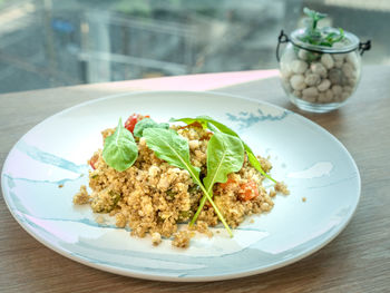 Close-up of breakfast served on table