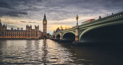 Arch bridge over river and buildings against sky in city