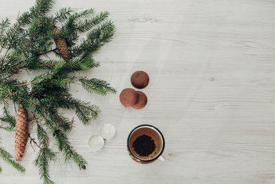 Directly above shot of christmas decorations on table